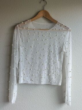 Pearl-Embellished Sheer Long-Sleeve Top